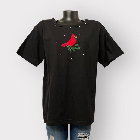 American VTG Christmas Cardinals T-Shirt sz L Womens Casual Tee Bird Bling Black - Picture 2 of 9